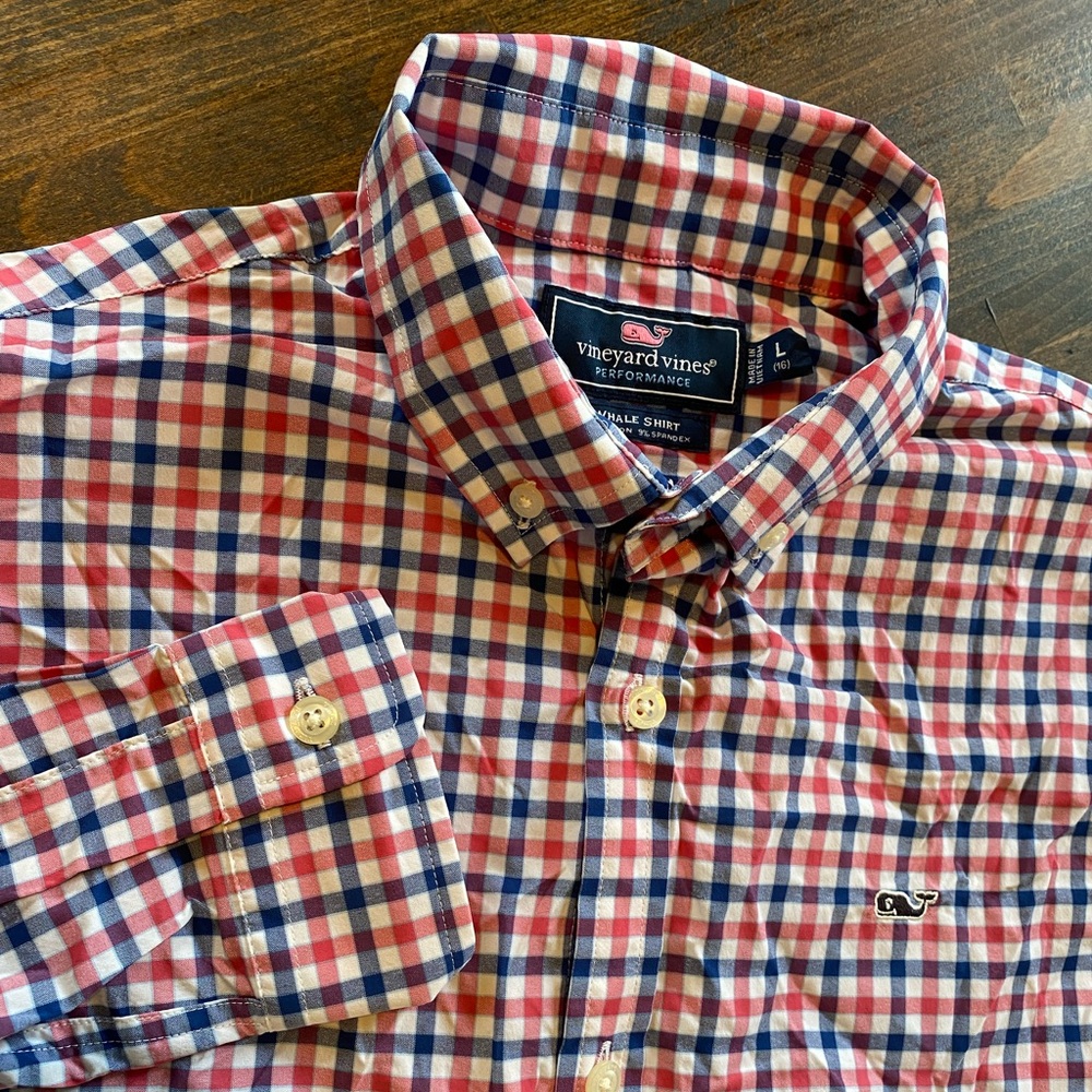 Vineyard Vines Performance Whale Shirt Youth Large 16 Blue Gingham Plaid Stretch